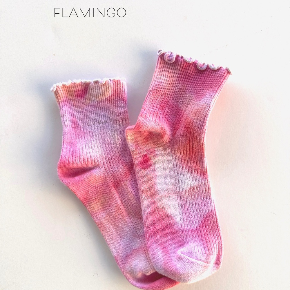 Coral Pink Tie Dye Ruffle Socks Strawberry Pink Mid Crew Ice Dye Hand Dyed Socks